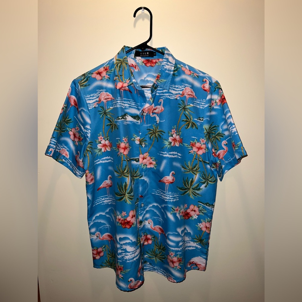SSLR Short Sleeve Button Down Shirt, Size M, Tropical Pattern